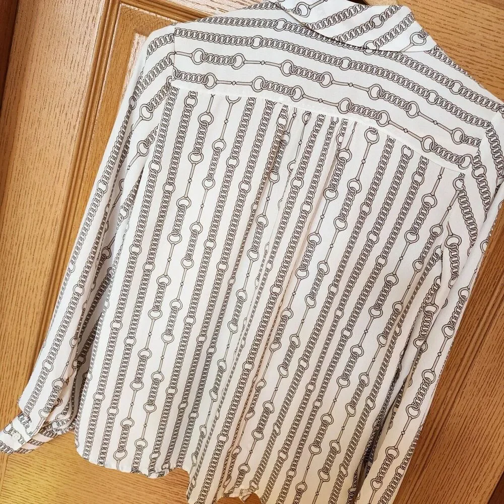 Banana Republic Chain Print Blouse Scarf‎ Tie Women's Size XS Black & White EUC - Picture 8 of 11